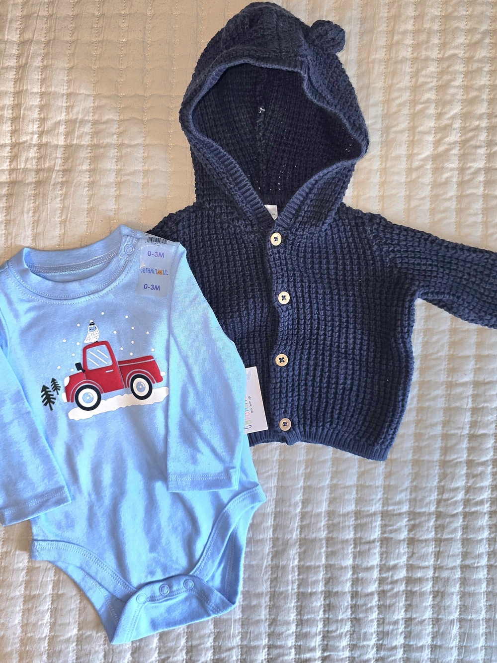 Carter's Navy Bear Sweater & Light Blue Holiday Truck Onesie Bundle